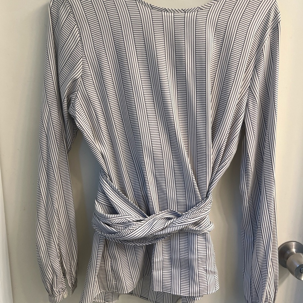 Ann Taylor Navy and White Striped Blouse with Waist Tie